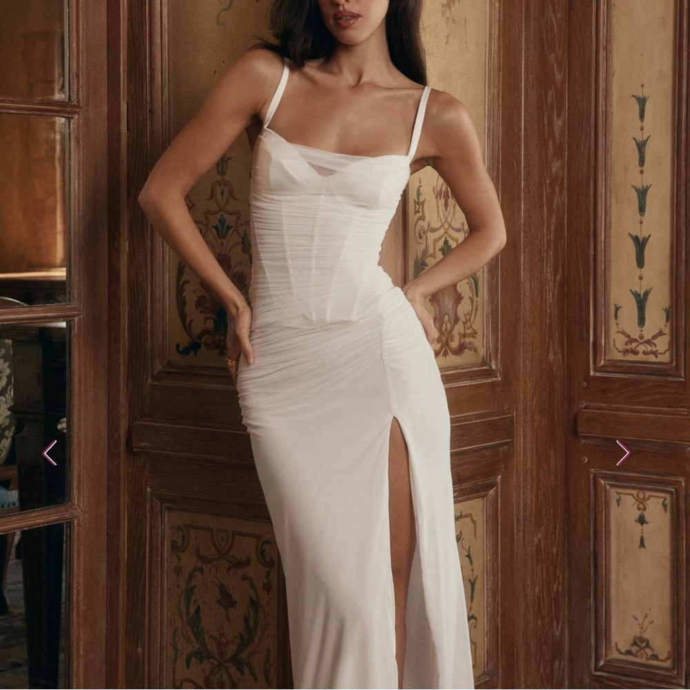 House of CB White Ruched Maxi Dress with High Side Slit